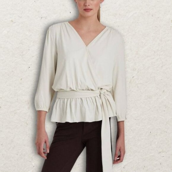 Lauren by Ralph Lauren Tops - Ralph Lauren Peplum Blouse Three-Quarter Sleeve Wrap Tie Waist Size XL Cream NWT